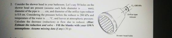 P=280 kPa 2. Consider the shower head in your bathroom. Lets say 50 holes on the shower head are present (assume each hole d