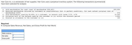 Hair Care Inc. is a wholesaler of hair supplies. Hair Care uses a perpetual inventory system. The following transactions (sum