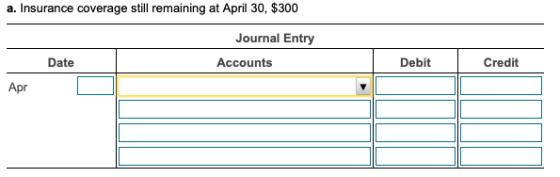 a. Insurance coverage still remaining at April 30, $300 Journal Entry Date Accounts Debit Credit Apr