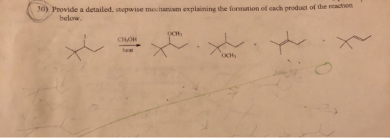 30) Provide a detailed, stepwise mechanism explaining the formation of each product of the reaction below. OCH CHIOH heat Осн