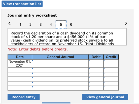View transaction list Journal entry worksheet 1 2 3 4 5 Record the declaration of a cash dividend on its common stock of $1.2