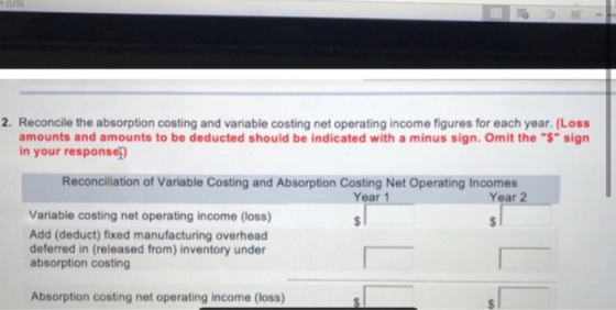 US) 2. Reconcile the absorption costing and variable costing net operating income figures for each year. (Loss amounts and am