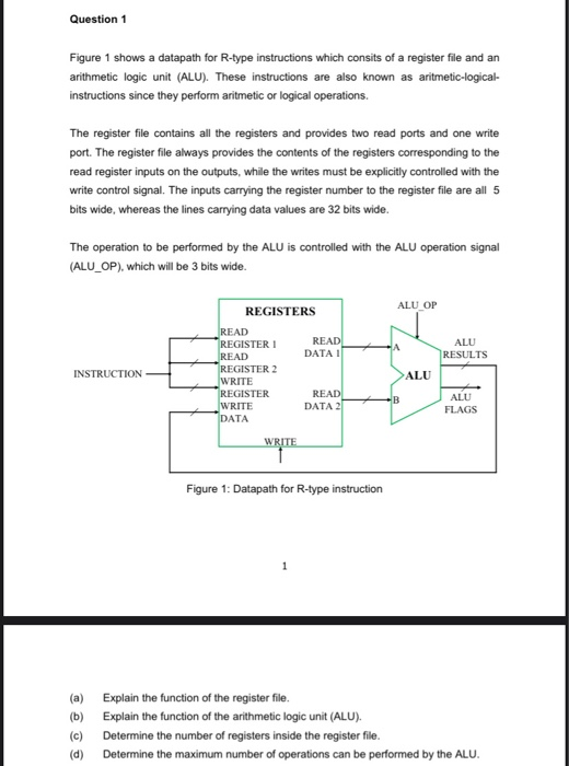 Question 1 Figure 1 shows a datapath for R-type instructions which consits of a register file and an arithmetic logic unit (A