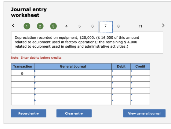 Journal entry worksheet 1 2 3 4 5 6 11 Depreciation recorded on equipment, $20,000. ($ 16,000 of this amount related to equip