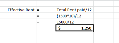 Effective Rent = Total Rent paid/12 (1500*10)/12 15000/12 1,250