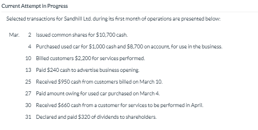 Current Attempt in Progress Selected transactions for Sandhill Ltd. during its first month of operations are presented below: