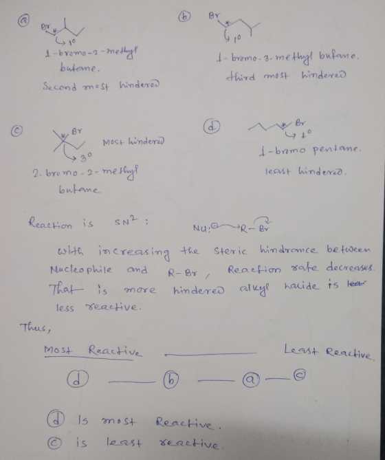 و با 1-bromo-2-methys butane. Second most hindered t-bromo. z. methyl bufane. third most hindered & Br o r G Most hindered mo