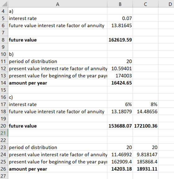 B 4 a) 5 interest rate 6 future value interest rate factor of annuity 0.07 13.81645 8 future value 162619.59 9 20 10 b) 11 pe