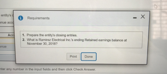 entitys enue acco O Requirements Acc 1. Prepare the entitys closing entries. 2. What is Ramirez Electrical Inc.s ending Re
