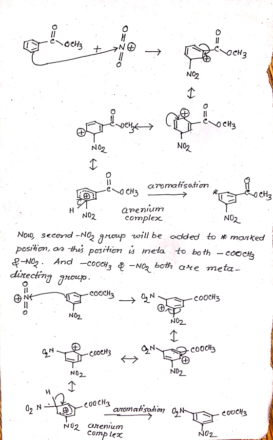 NOZ 102 . NOL cloeha aromatisation NO2 arenium ? complexe NO2 Now, second -NO2 group will be added to * marked position, as t