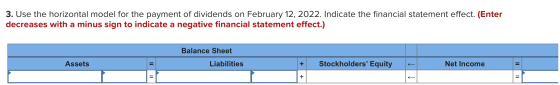 3. Use the horizontal model for the payment of dividends on February 12, 2022. Indicate the financial statement effect. (Ente