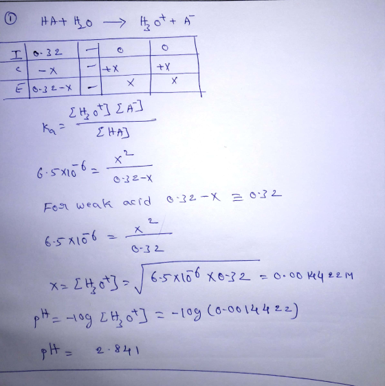 HATHO - Hot + Á 0.32 To T - x - +X X 10-32-x - x EH, ot] [A] ka EHA 6.54106 - x² 032-X For weak acid 0.32-X = 0.32 651106 = x