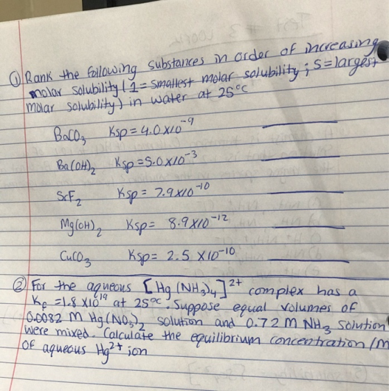 O Rank the following substances in order of inceaning molar Solubility ( – smallest molar solubility ; S=largest Imolar solub