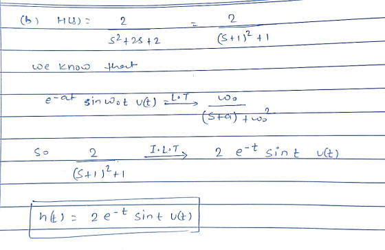 (6) HY) - 2 s2+28+2 2 (5+152 + 1 we know that e-at sin Wat ut) - Lot wo (sta) two? so 2_ (5+1 2+1 I.2oT, I.LT 2 e-t sint UCH)