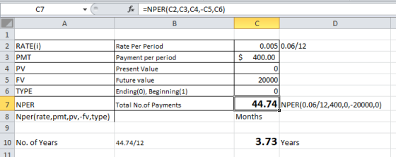 foc =NPER(C2,C3,C4,-C5, C6) 1 0.005 0.06/12 400.00 $ 2 RATE() 3 PMT 4 PV 5 FV 6 TYPE 7 NPER 8 Nper(rate,pmt,pv,-fv, type) Rat