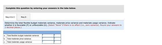 Complete this question by entering your answers in the tabs below. Req A to C Req D Determine the total flexible budget mater