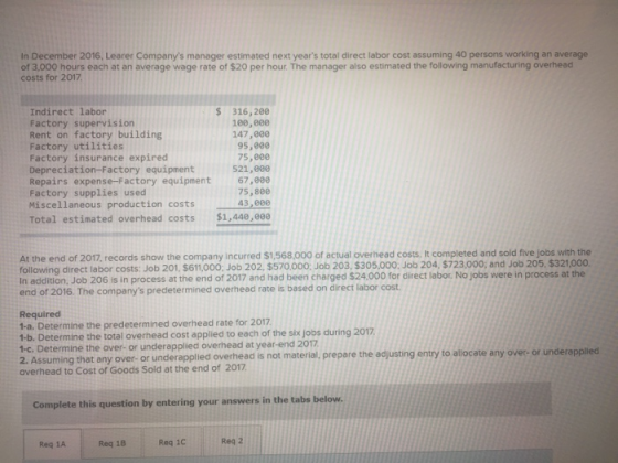 In December 2016, Learer Companys manager estimated next years total direct labor cost assuming 40 persons working an avera