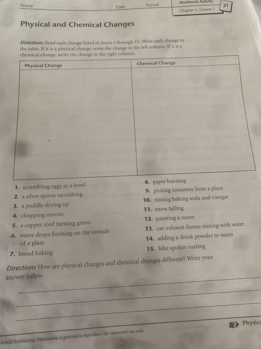 Name Period Date Workbook Activity Chapter 5. Lesson Physical and Chemical Changes Directions Read each change listed in item