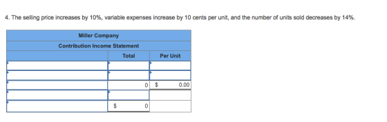 4. The selling price increases by 10%, variable expenses increase by 10 cents per unit, and the number of units sold decrease