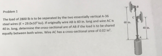 Problem 1 The load of 2800 lb is to be separated by the two essentially vertical A-36 steel wires (E 29.0x103 ksi). If originally wire AB is 60 in. long and wire AC is 40 in. long, determine the cross-sectional are of AB if the load is to be shared equally between both wires. Wire AC has a cross-sectional area of 0.02 in2. 60 in. 40 in.