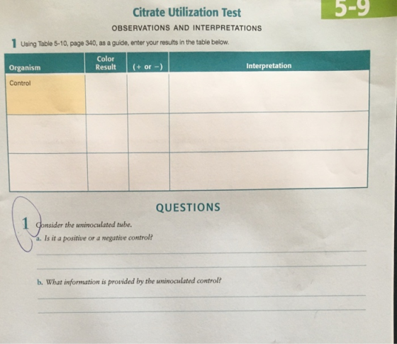 Citrate Utilization Test OBSERVATIONS AND INTERPRETATIONS 1 Using Table 5-10, page 340, as a guide, enter your results in the
