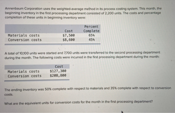 Annenbaum Corporation uses the weighted average method in its process costing system. This month, the beginning inventory in