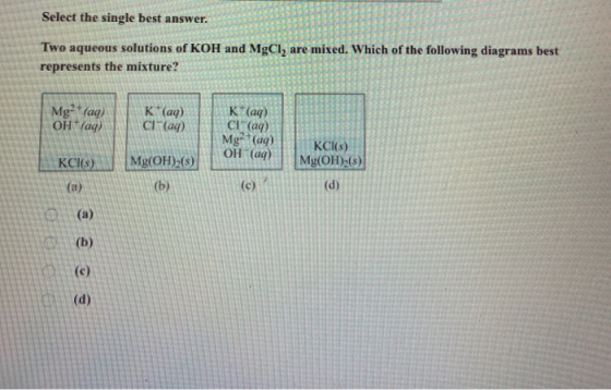 Select the single best answer. Two aqueous solutions of KOH and MgCl, are mixed. Which of the following diagrams best represe