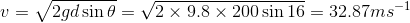 u-V2gd sin θ-V 2 × 9.8 × 200 sin 16-32.87ms-