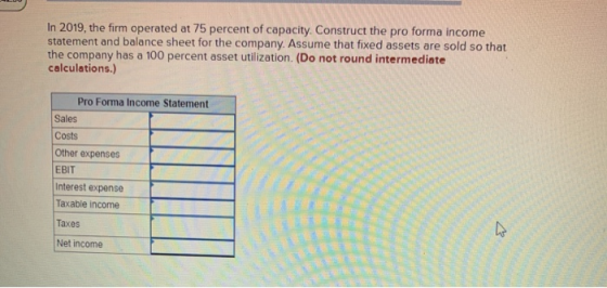 In 2019, the firm operated at 75 percent of capacity. Construct the pro forma income statement and balance sheet for the comp