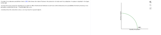 Consider the praduction possibiities frontier (PPE) that shows the trade off between the productian of cotton and the production of saybeans depicted in the figure to the right Q. Usa the 。ถ-pcrnt cured lino drawngto๘ ta show teaffect that improved fertilzers \aid have on the initial production possibilities frontier by drawing a new production poesitilities roner. Properly lbel this curve. Carahuly toow tha astructions above, and only draw ma aqained objocts