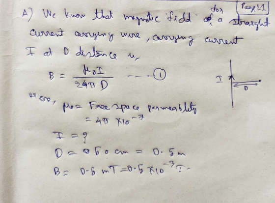 wire dor Pages A) We know that magnetic field da straight Current carrying carrying current I at D distance de I 260 D proz F