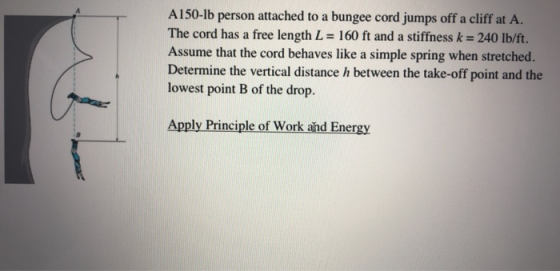 A150-15 person attached to a bungee cord jumps off a cliff at A. The cord has a free length L = 160 ft and a stiffness k = 24
