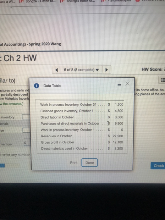 Ir Songza- Listen fo.. langra remx Of.. ack a Wi. al Accounting) - Spring 2020 Wang :Ch 2 HW 1 6 of 8 (8 complete) v HW Score