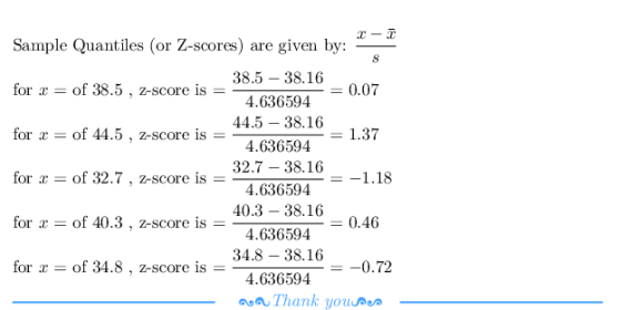 Sample Quantiles (or Z-scores) are given by: 38.5 -38.16 4.636594 4.5 -38.16 for x = of 38.5 , z-score is 0.07 x = of 44.5 , z-score is for -of 32.7, z-sc for x -of 40.3 , z-score is for r of 34.8, z-score is 4.636594 32.7-38.16-1.18 4.636594 40.3- 38.16 of 40.3, z-score is,636594 34.8 -38.16 4.6365940.72 Thank youse