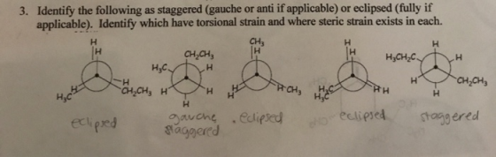 TH 3. Identify the following as staggered (gauche or anti if applicable) or eclipsed (fully if applicable). Identify which ha