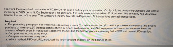 The Brick Company had cash sales of $229,400 for Year 1, its first year of operation. On April 2, the company purchased 208 u