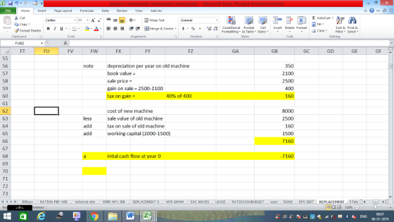 Home nert Page Layout Formulas Data Review View dd-Ins s Cut ta copy ▼ E AutoSum ー E ゴWrap Text в 1 프 . Ej-., Δ. : rーー 逻锂函Merge & Center. $, % , 弼,8 Conditional Format eCell Insert Delete Format Sort &Find & Format Painter Formatting as Table Styles2 Clear Clipboard FU62 FT Alignment Number Cells Edting FU FV FW FX FY FZ GB GC GD GE GF 350 2100 2500 400 160 56 57 58 59 60 61 62 63 64 65 depreciation per year on old machine book value = sale price- gain on sale 2500-2100 tax on gain- note 40% of 400 ess add add cost of new machine sale value of old machine tax on sale of old machine working capital (2000-1500) 8000 2500 160 1500 7160 67 68 69 70 71 72 73 intial cash flow at year 0 7160 커 | IRRnpv , RATION PBP ARR . external rate . MIRR NpV IRR : REPLACEMENT S / HPR GMAM , EAC MACRS RATIOCASHBUDGET wacc . BOND EPS EBIT- REPLACEMENT, STat ▶ 06:01 06-01-2019