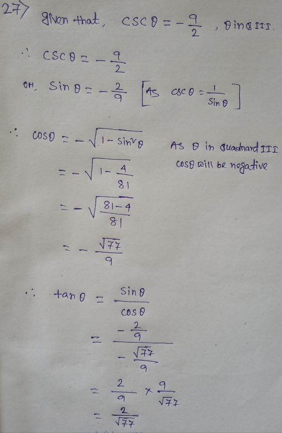 277 given that, CSco= old Hind 111 : CSCO =-2 / ON, sino- As esco=1 .] Sino coso = 1-sinuo As o in quadrant III Coso will be