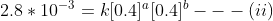 2.8 * 10^{-3} = k[0.4]^a[0.4]^b --- (ii)