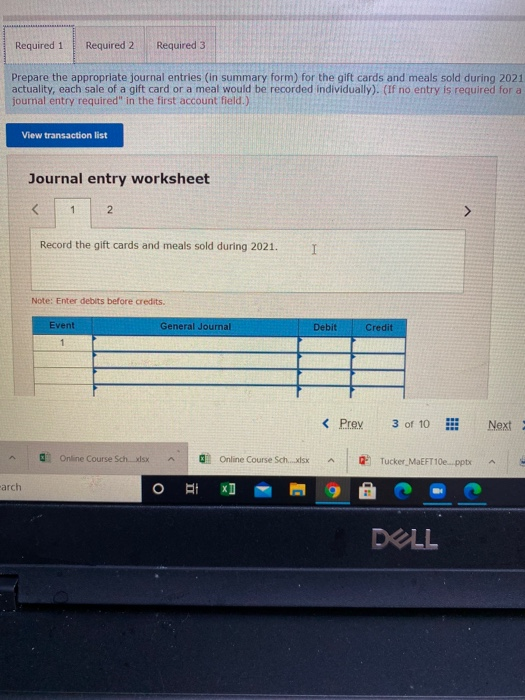 Required 1 Required 2 Required 3 Prepare the appropriate journal entries (in summary form) for the gift cards and meals sold