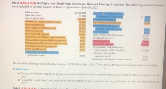 4.980 P4-4 (L03,4,5,6) (Multiple- and Single-Step Statements, Retained Earnings Statement) The following account balances wer
