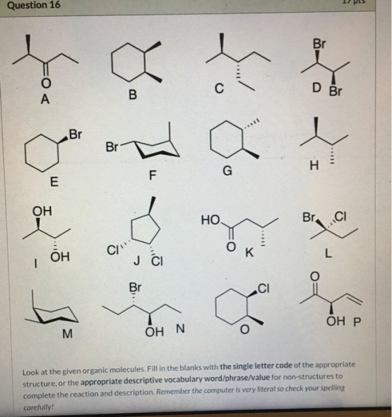 Question 16 1 pus =O O < BI BI F ОН HO J CI ОН Р OHN Look at the given organic molecules. Fill in the blanks with the single