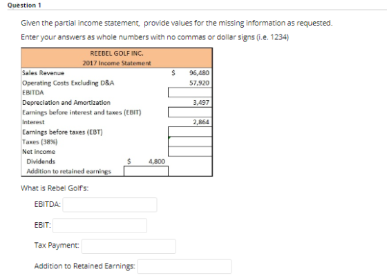 Question 1 Given the partial income statement, provide values for the missing information as requested. Enter your answers as