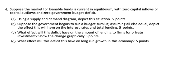 4. Suppose the market for loanable funds is current in equilibrium, with zero capital inflows or capital outflows and zero go
