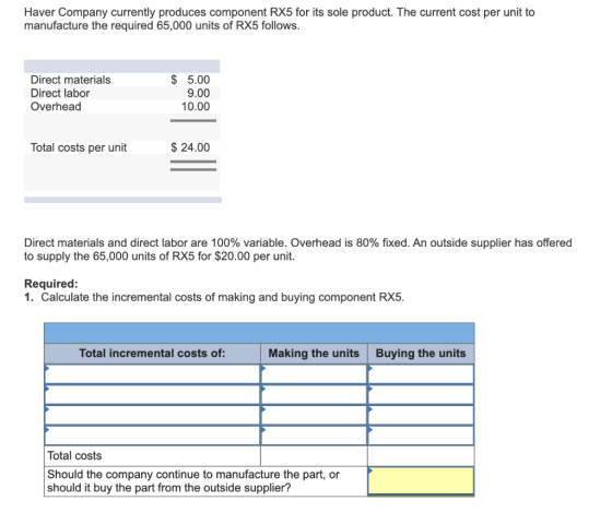 Haver Company currently produces component RX5 for its sole product. The current cost per unit to manufacture the required 65