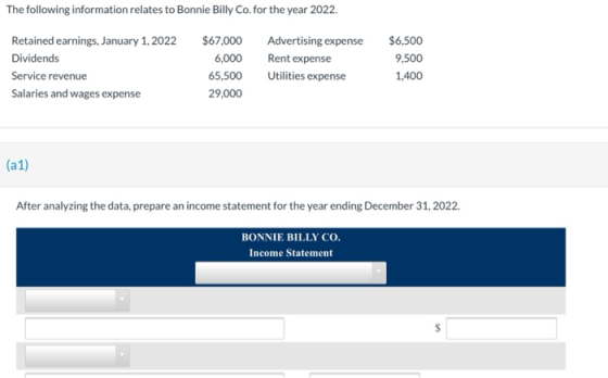 The following information relates to Bonnie Billy Co. for the year 2022. Retained earnings, January 1, 2022 Dividends Service