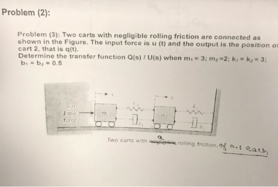 Problem (2): Problem (3): Two carts with negligible rolling friction are connected as shown in the Figure. The input force is
