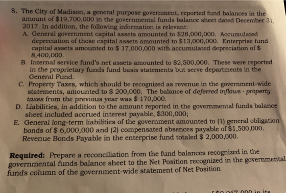8. The City of Madison, a general purpose government, reported fund balances in the amount of $19,700,000 in the governmental