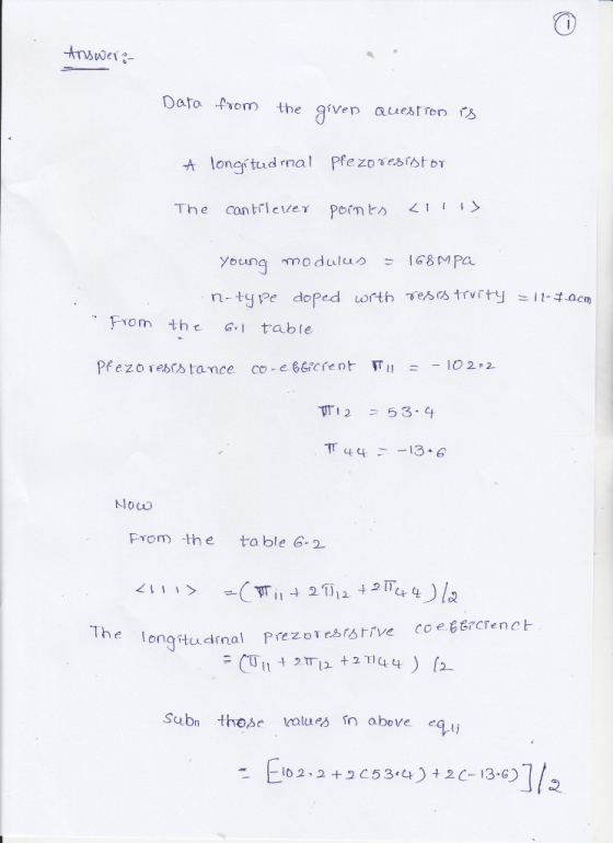 Ansde Dato -Phem the given aurstren s t ongf tud mal Pfezovesrst or The Can trteller pomm <lit> young moduluo Mpa ·· From the 6-1 table Pfezo resrs tance co e e6icre nt 0 22 Tr 44 -13.6 Noco From the table 6-2 2 11 1 2 The longtudmal eudrnal Prezoesistive coe terctenct Subn these s above eq egii 1ーー10.2.2 +2 C5 3.4) +2C-134)