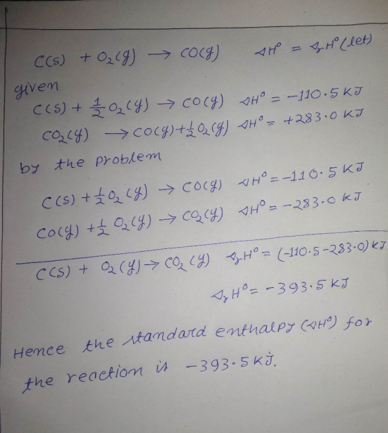 CCS) +029) COCg) 4HP= BHLlet) givem CCS)+02(y) COcg) -110.5 kJ Cocy) Cocg)+foc H 283.0 K by the problem C (S) +0) COcg) H-110
